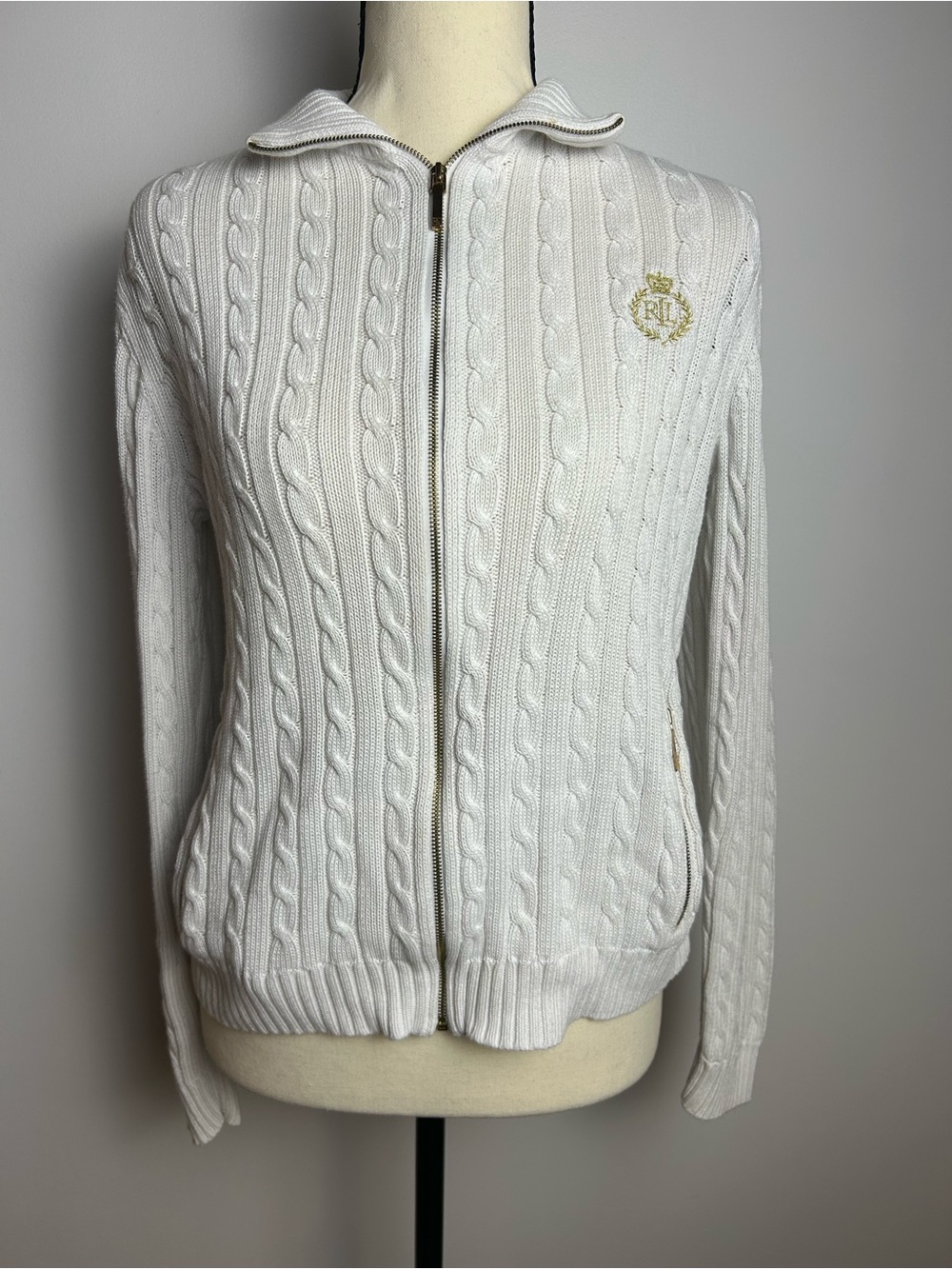 Lauren Ralph Lauren White Cable-Knit Zip Sweater